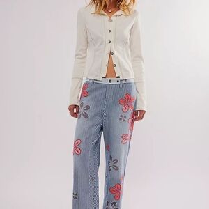 We The Free Red and Blue Flare Jeans with Floral Embroidery